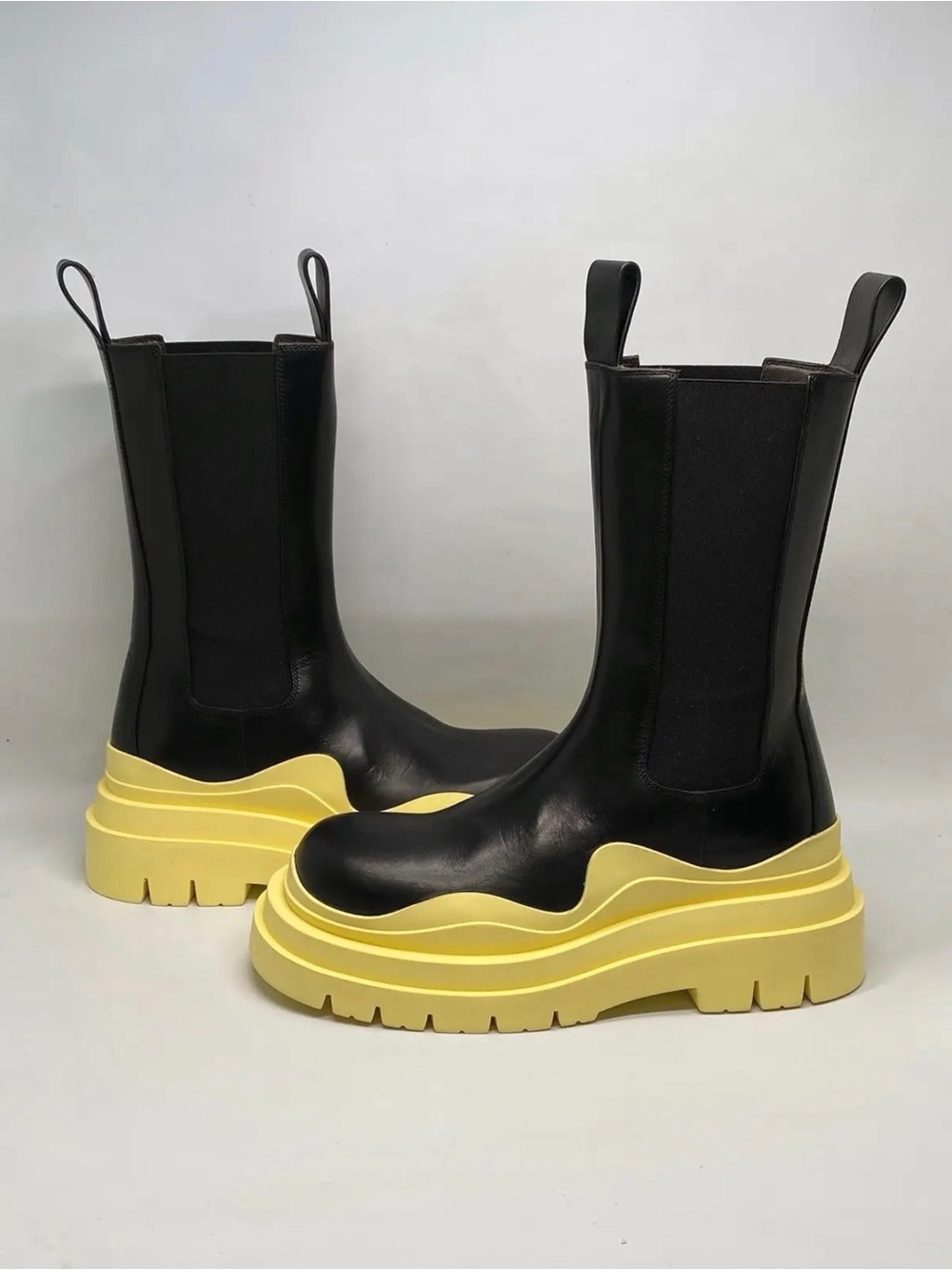 Bottega Venetta Black Leather Chelsea Boots with Yellow Platform Sole